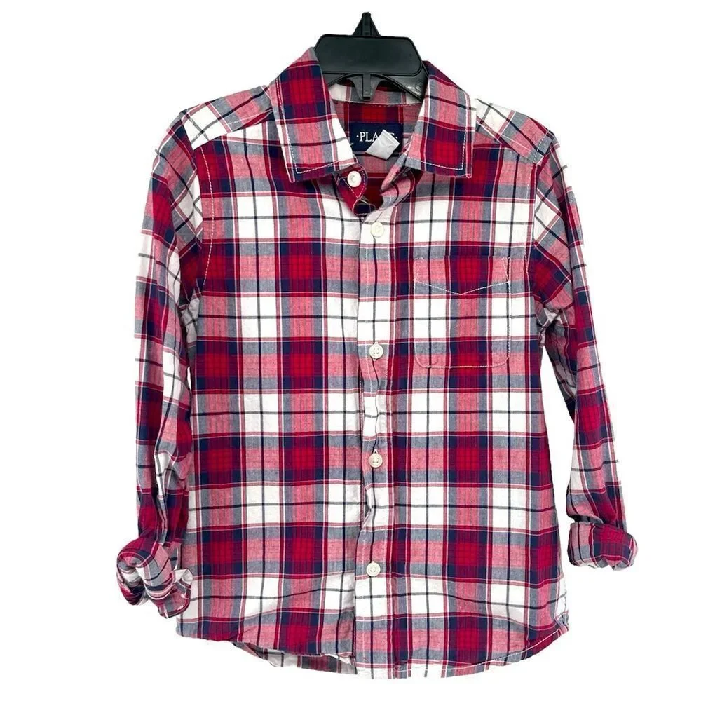 The Children’s Place Boy’s Classic Red Plaid Cotton Poplin Button Down Shirt 5/6